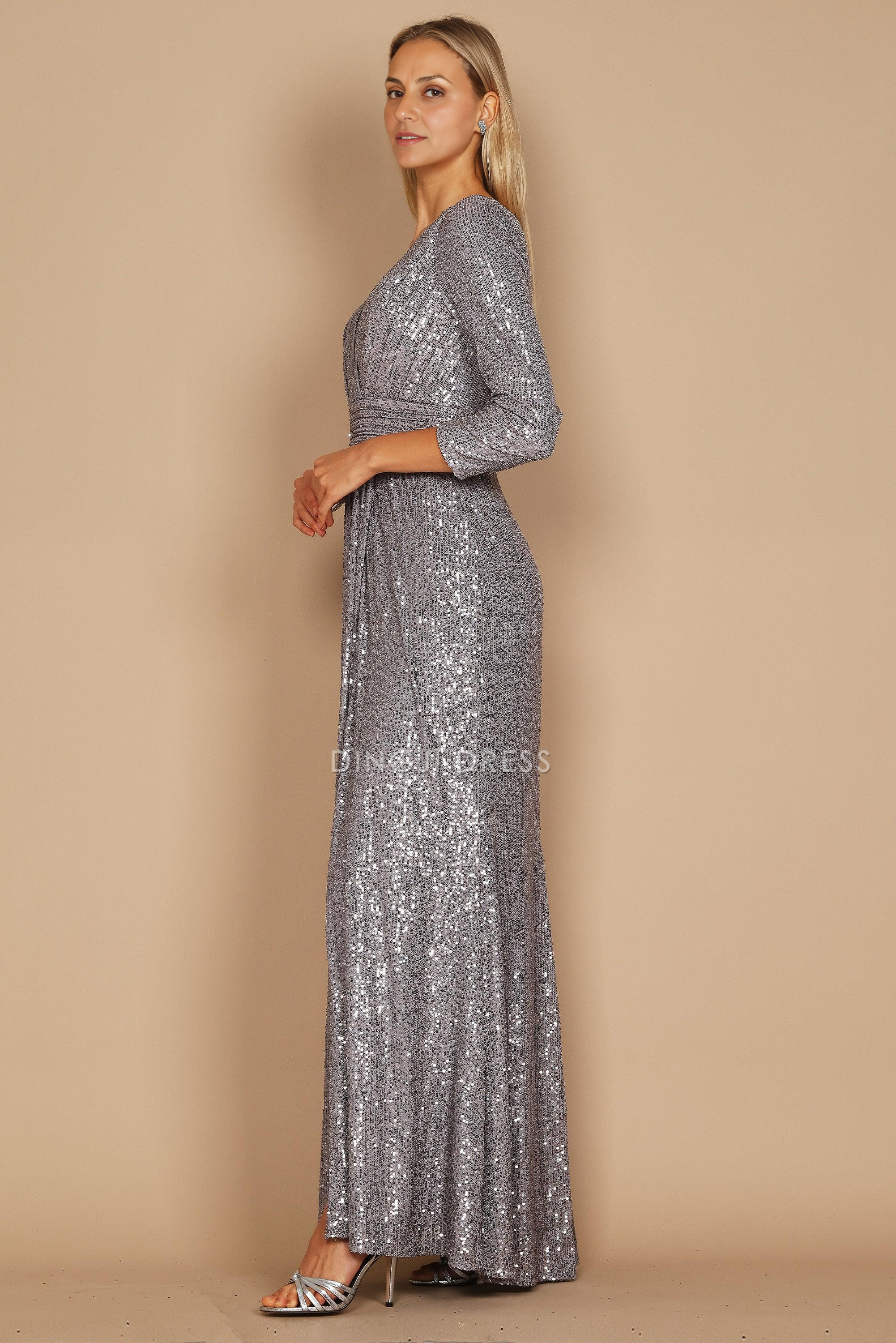 DingJiDress Evening Dress Elegant V-Neck Long Sleeve Side Fork Sparkle Plus Size Mother Of The Bride Dress