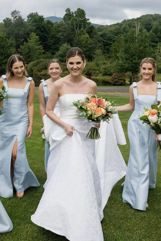 Elegant Sky Blue Satin Mermaid Straps Bows Square Neck Sleeveless with Slit Low Cost Floor Length Bridesmaid Dresses