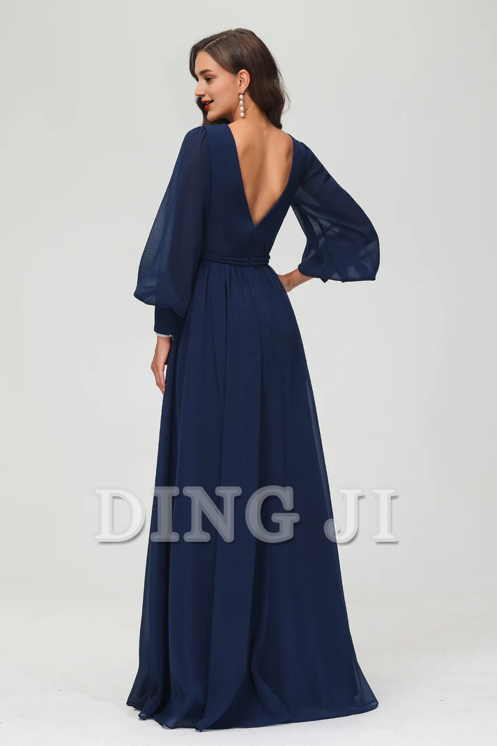 DingJiDress Evening Dress A-Line V-neck Long Sleeves V Neck Floor Length Dress Side Fork Elegant Exquisite Wedding Guest Dresses