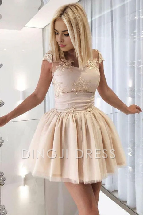 DingJiDress Short Prom Dress A-Line Sheer Neck Cap Sleeves Open Back With Appliques Cute Best Selling Homecoming Dress