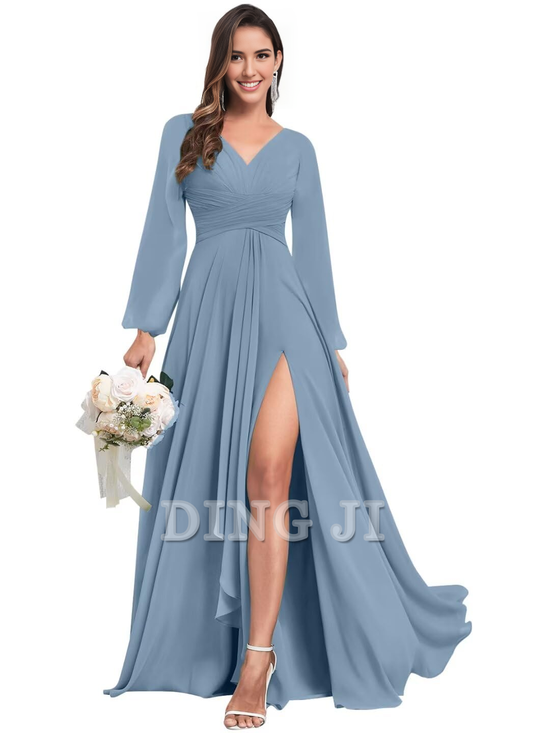 DingJiDress Bridesmaid Dresses Elegant Chiffon Long Sleeves V Neck Ruffle Side Fork Long Formal Wear Dresses