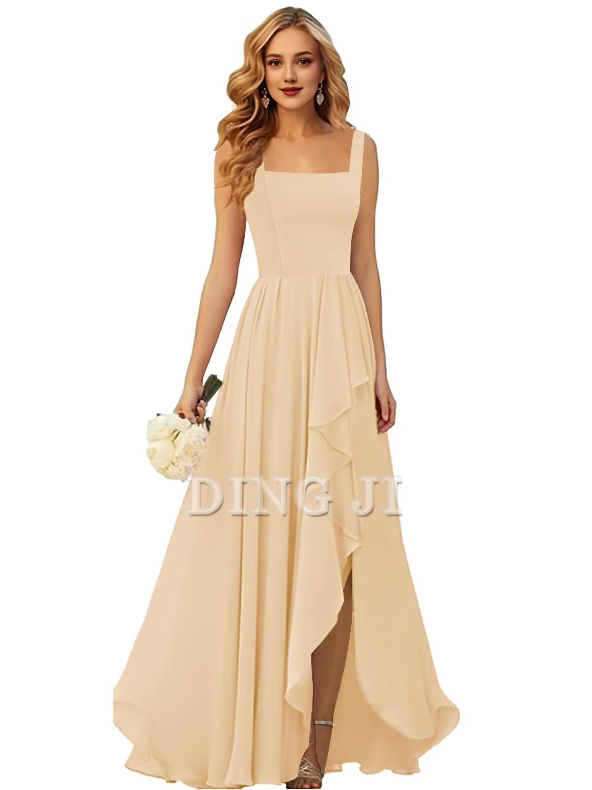 DingJiDress Bridesmaid Dresses Ruffle Square Neck Elegant Simple Side Fork Long Formal Wear Dresses