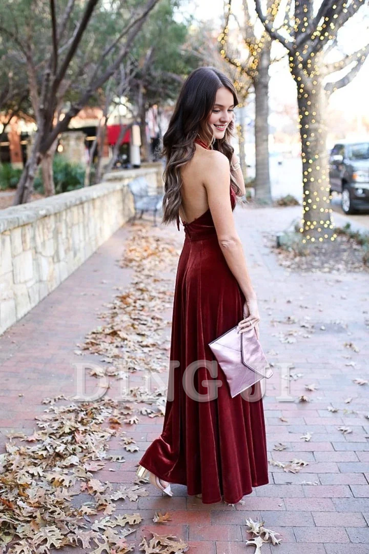 DingJiDress Evening Dress Elegant A-Line Deep V Neck Halter Backless Burgundy Velvet Long Bridesmaid Dresses Prom Gown Formal Wear Dresses Wedding Guest Dresses