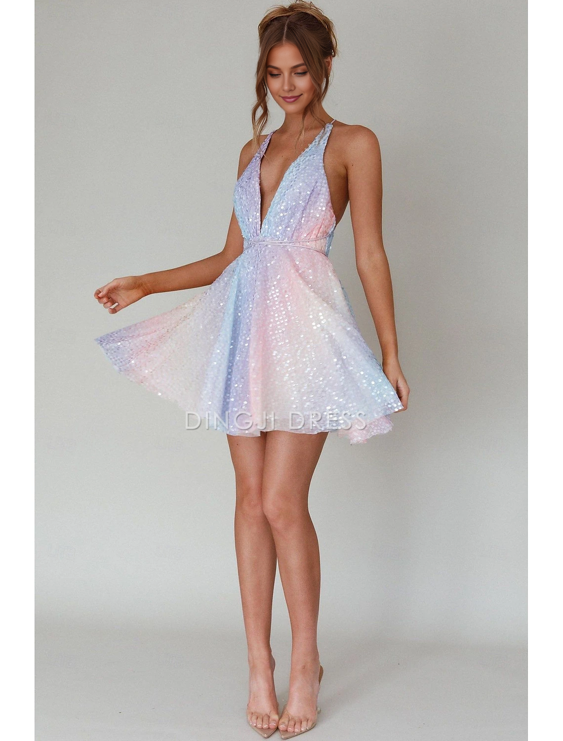 DingJiDress Hot Sale Short Prom Dress A Line Deep V Neck Backless Cocktail Dresses Carnival Sleeveless Sequined with Pleats Sparkle New Homecoming Dress