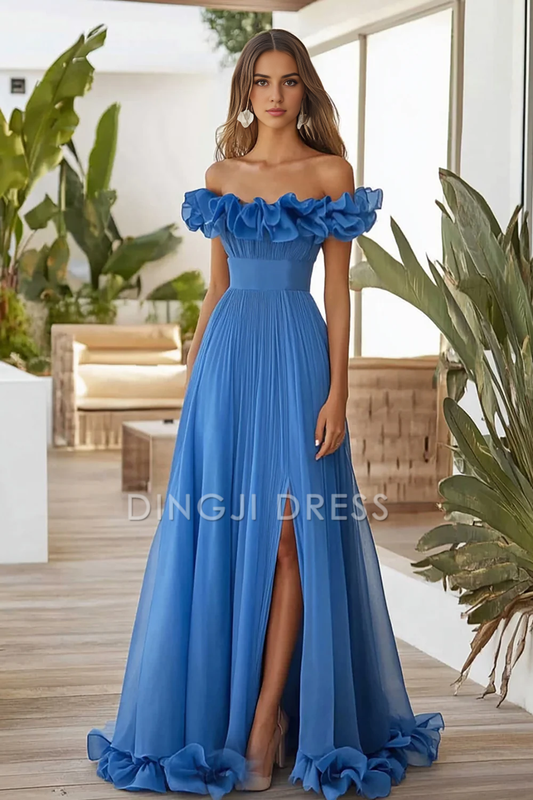 DingJiDress High Quality Dress A Line Off The Shoulder Pleated Unique Long With Slit Fashion Prom Dress