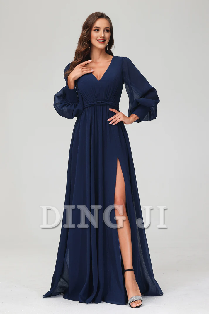 DingJiDress Evening Dress A-Line V-neck Long Sleeves V Neck Floor Length Dress Side Fork Elegant Exquisite Wedding Guest Dresses