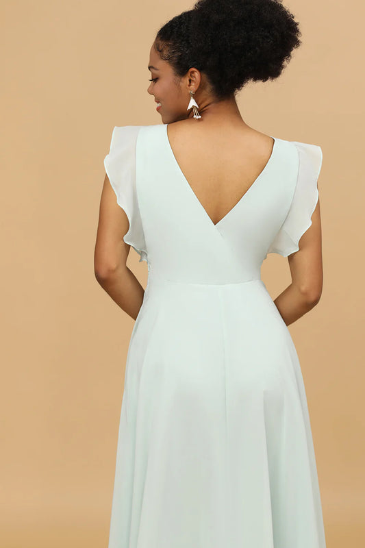 DingJiDress Elegant Mint Bridesmaid Dress V-Neck Long Chiffon Wedding Guest Dresses with Slit