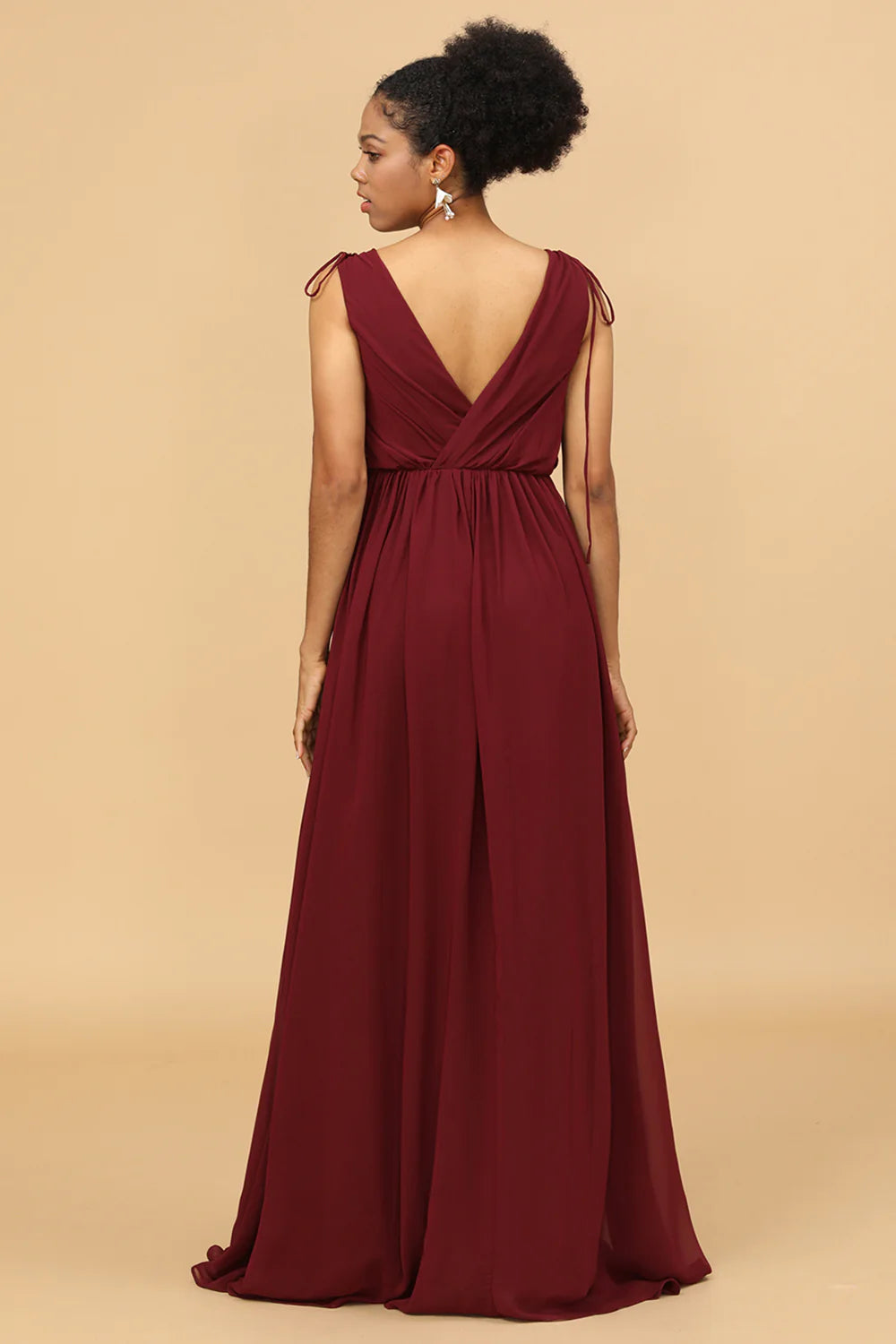 DingJiDress Wedding Guest Dresses Burgundy V-Neck Ruched Long Chiffon Bridesmaid Dress