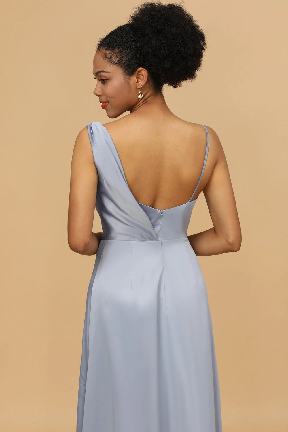 DingJiDress Grey Blue A Line Wedding Guest Dresses Asymmetrical Neck Satin Long Bridesmaid Dress