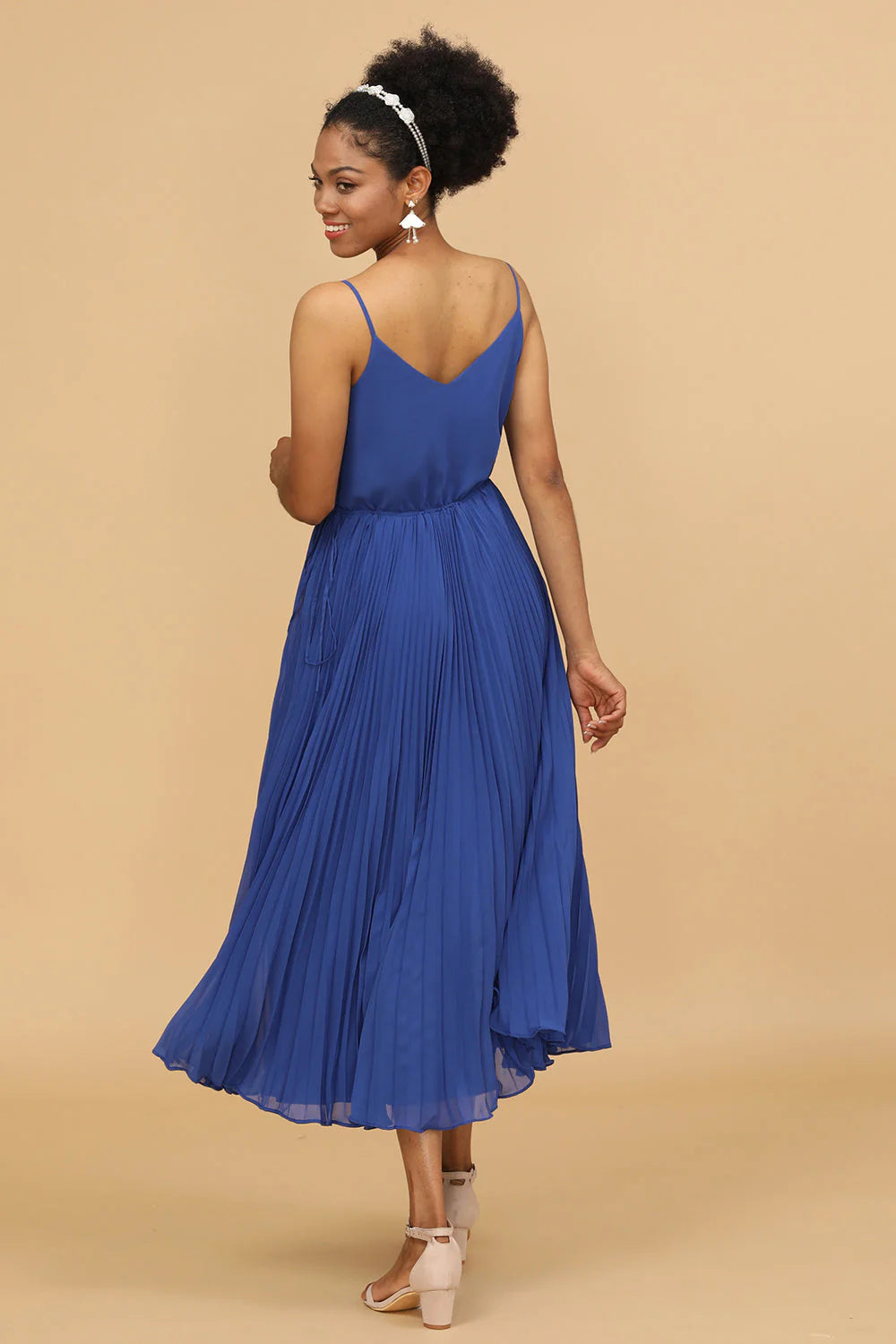 DingJiDress Royal Blue A Line Wedding Guest Dresses Spaghetti Straps Tea Length Chiffon Bridesmaid Dress