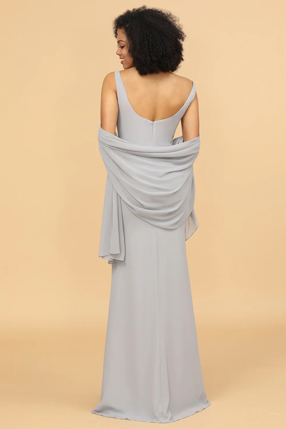 DingJiDress Grey Mermaid Wedding Guest Dresses Square Neck Long Chiffon Bridesmaid Dress with Cape