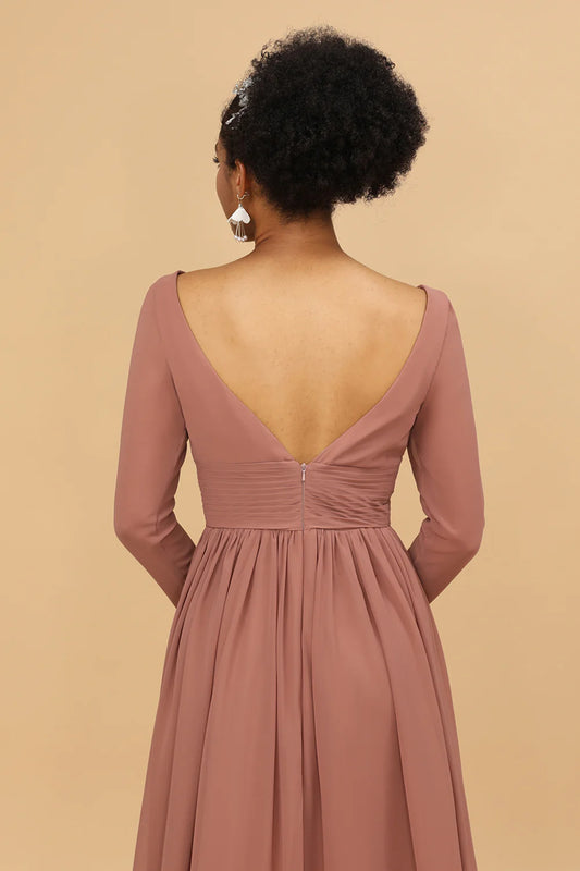 DingJiDress Elegant V-Neck Long Sleeves Chiffon Blush Bridesmaid Dress with Slit