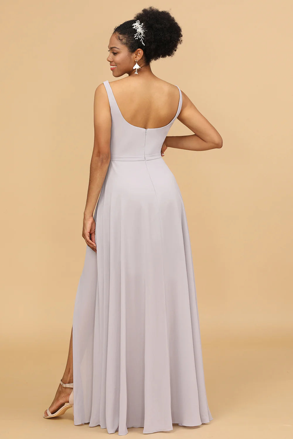 DingJiDress Elegant Long Chiffon Bridesmaid Dress Grey Sheath Square Neck Wedding Guest Dresses