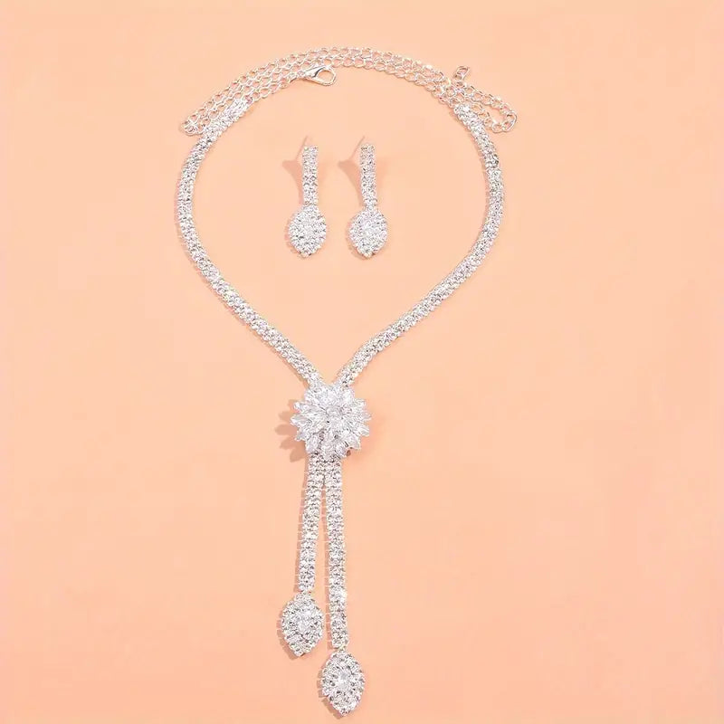 DingJi 3-Piece Bridal Jewelry Set, Elegant CZ Flower Design, Luxury Wedding Necklace And Earrings Set, Luxury Style, Fashion Accessories For Bridal & Special Occasions Gifts For Eid