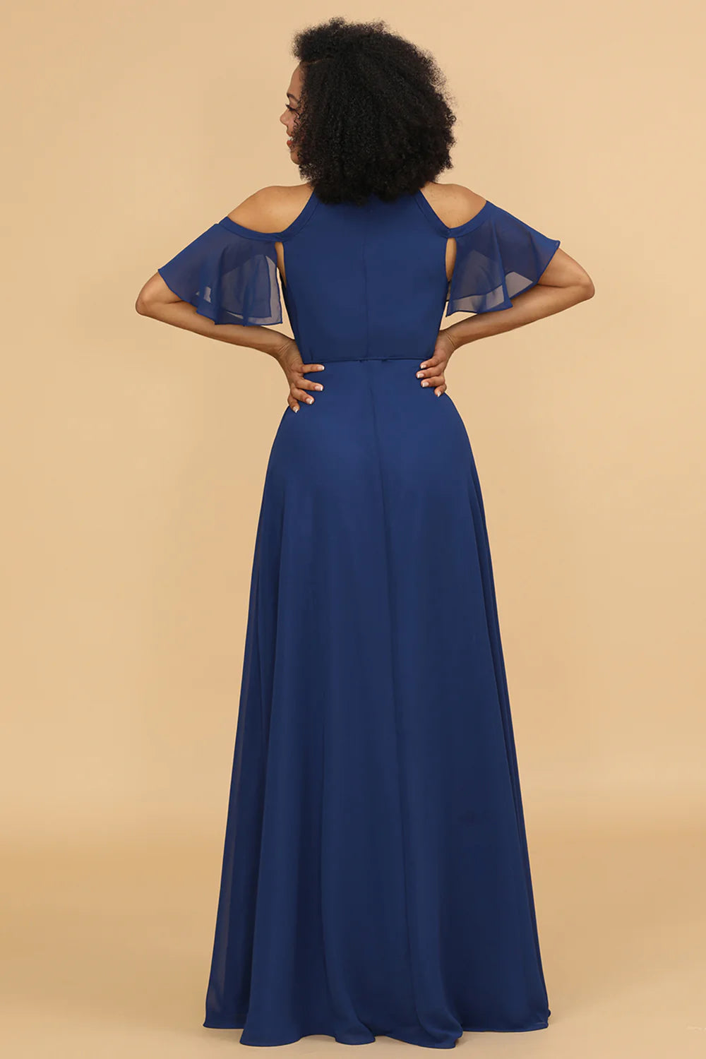 DingJiDress Navy A Line Wedding Guest Dresses Cold Shoulder Chiffon Bridesmaid Dress with Slit