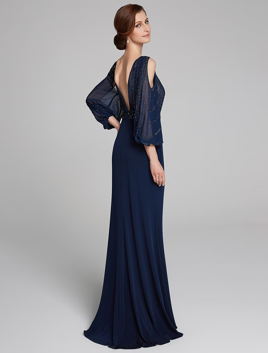 Mother of the Bride Dress Sparkle Shine Boat Neck Floor Length Chiffon Jersey Long Sleeve No with Beading Ruching