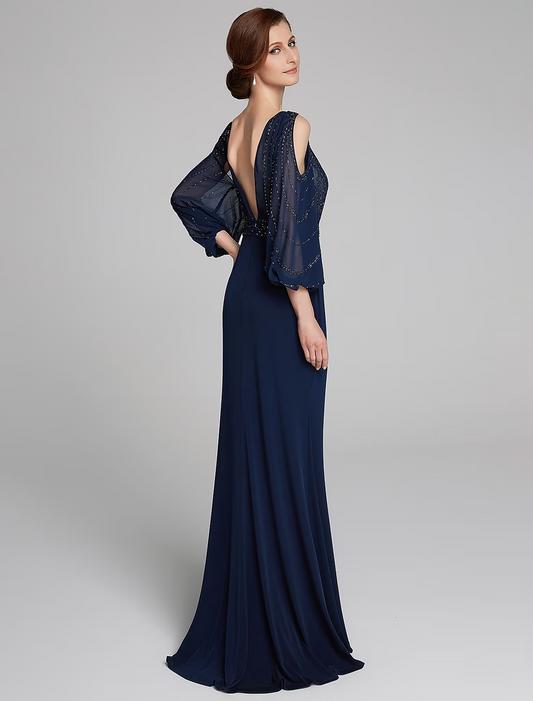 Mother of the Bride Dress Sparkle Shine Boat Neck Floor Length Chiffon Jersey Long Sleeve No with Beading Ruching