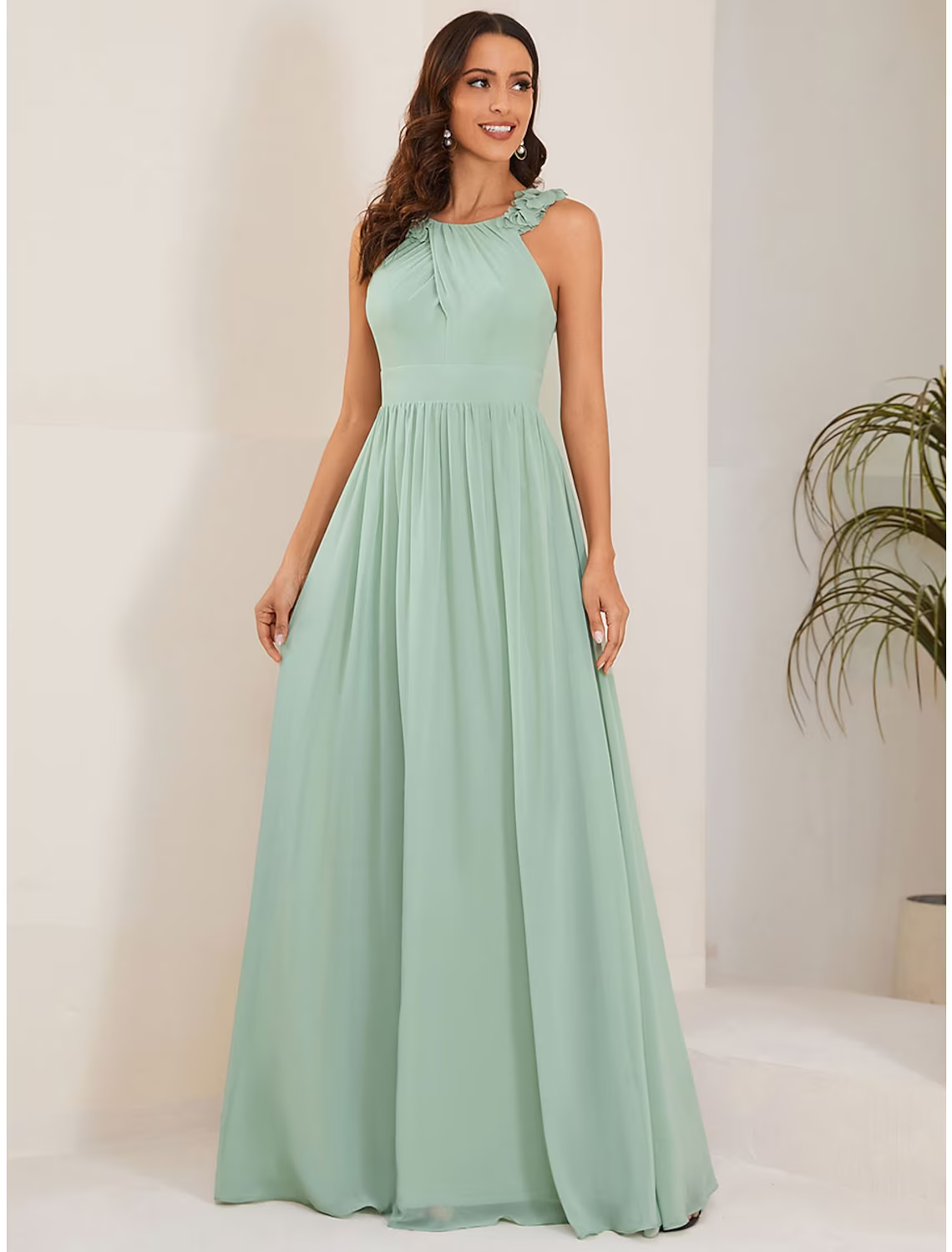 A-Line Wedding Guest Dresses Elegant Dress Formal Floor Length Sleeveless Jewel Neck Chiffon with Pleats Flower