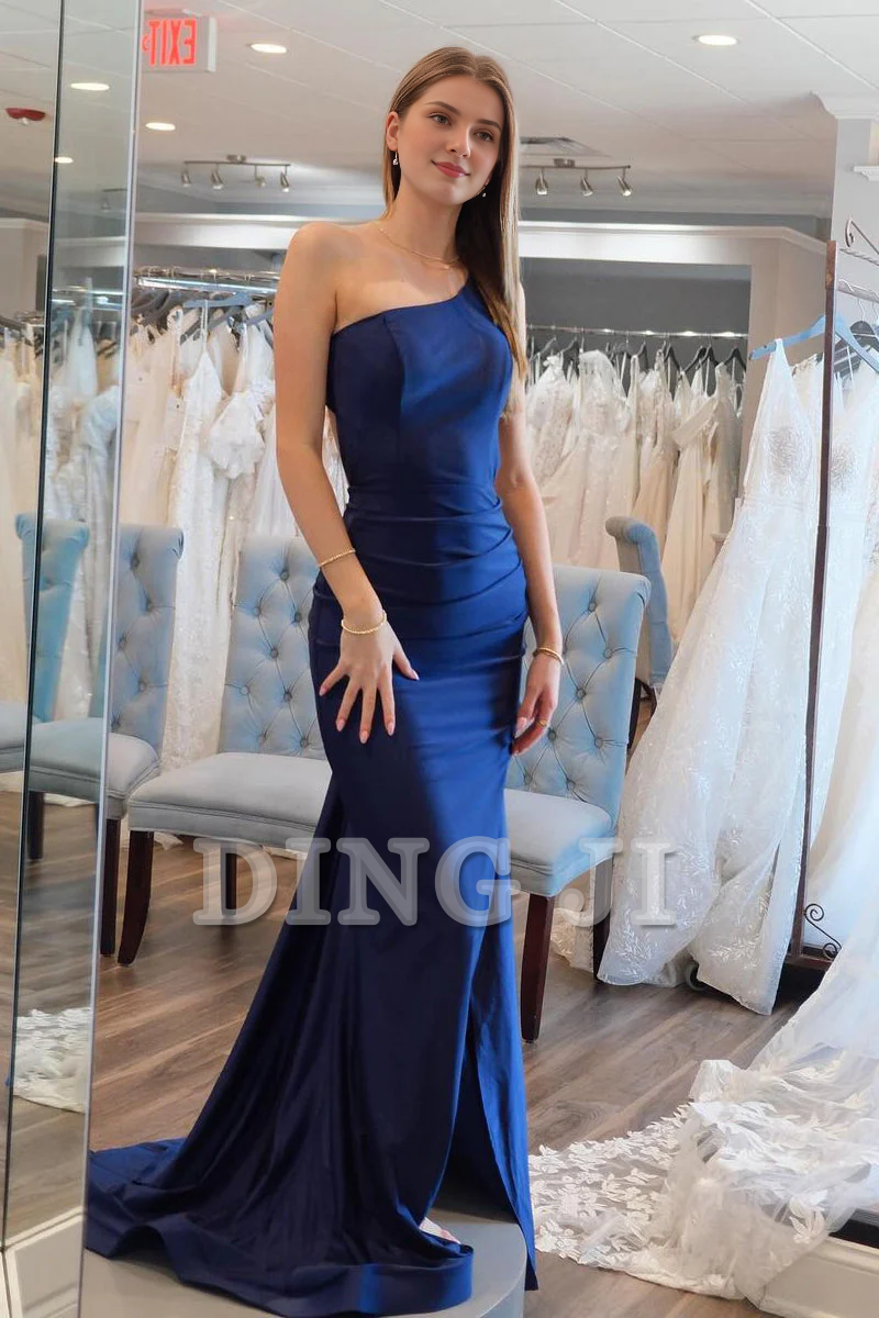 DingJiDress Elegant Evening Dress One Shoulder Mermaid Cultivate oneself Backless Sweep Train Prom Dresses Simple Formal Wear Dresses Wedding Guest Dresses