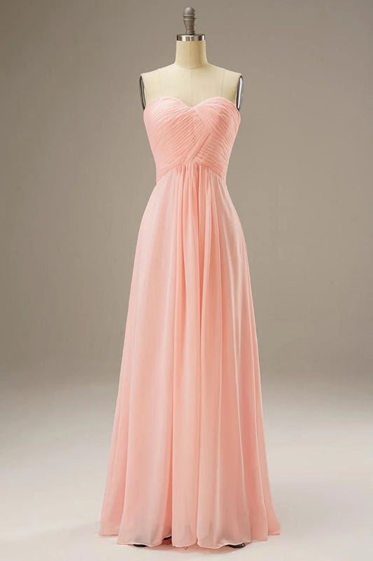 DingJiDress Sweetheart Strapless Pleated Corset Chiffon Long Simple Prom Dress