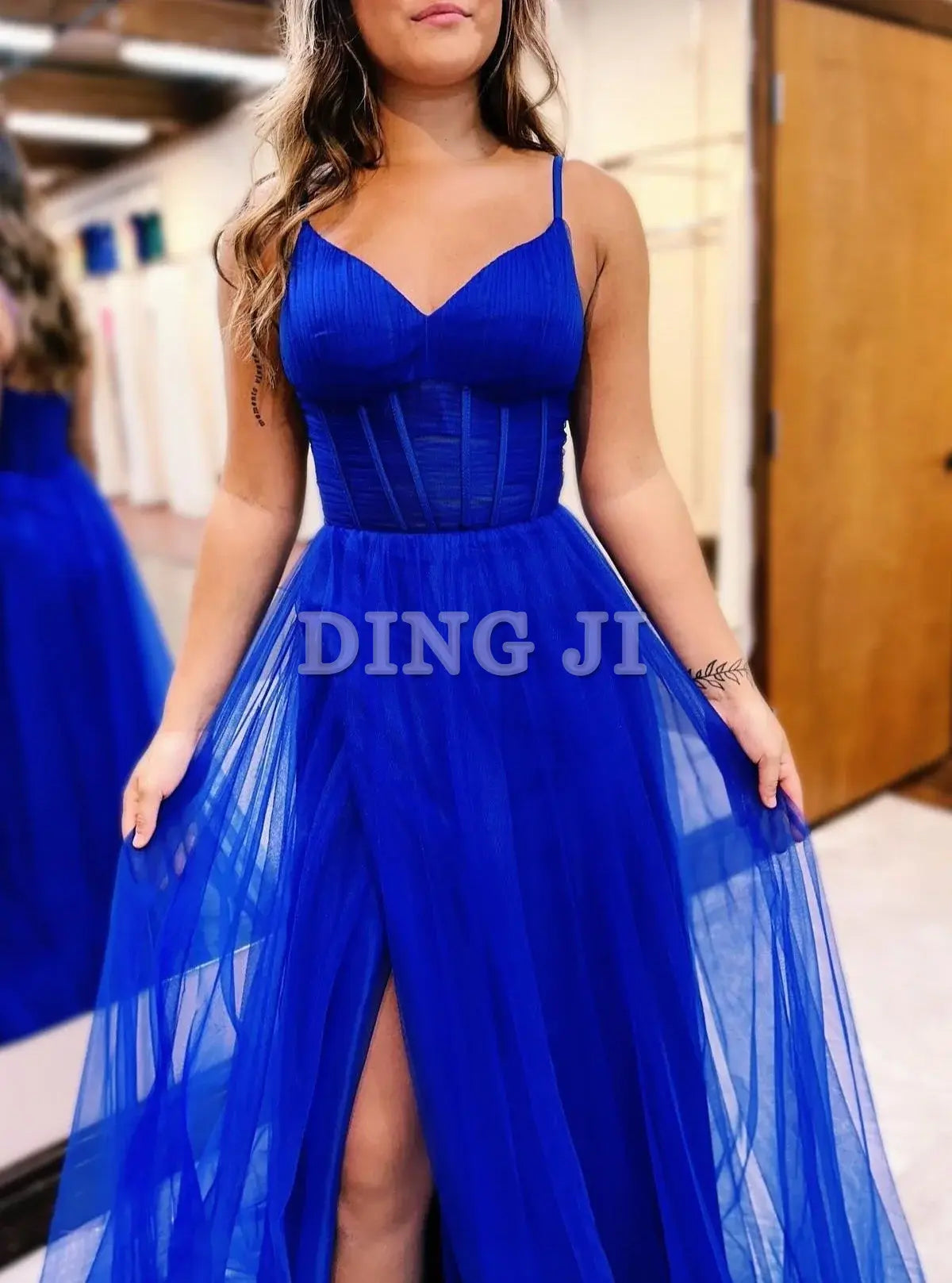 DingJiDress Evening Dress A-Line V-Neck Sheer Bodice Tulle Long Romantic Prom Dress Side Fork Youthful Elegant Formal wear Dresses Wedding Guest Dresses