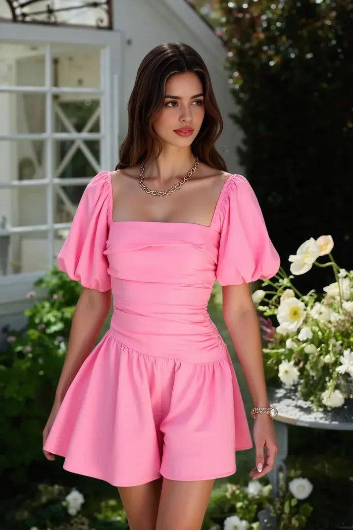 DingJiDress Mini Dress Elegant Trumpet Square Neck Puff Sleeves Pleated Simple Discount Hot Sale Homecoming Dress