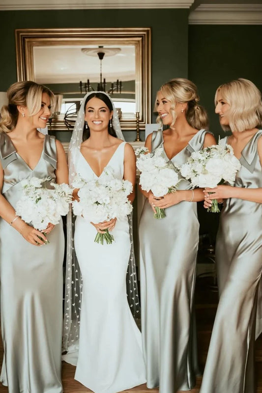 Minimalist Sage Green Sheath V Neck with Bow Sleeveless V Back Low Cost Floor Length Bridesmaid Dresses