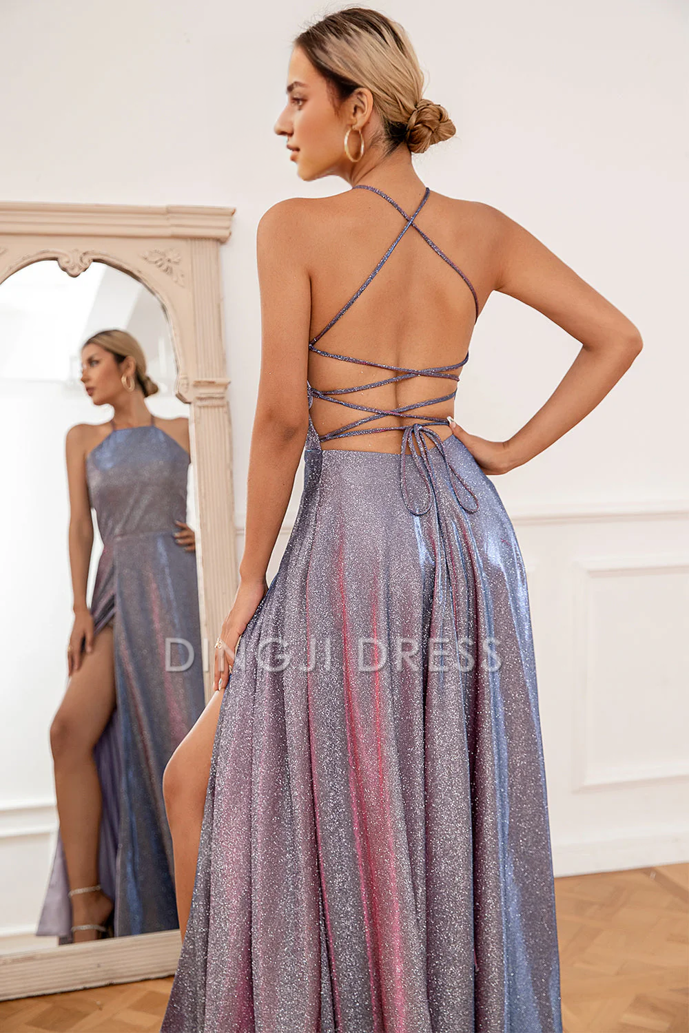 DingJiDress High Quality Dress Evening Dress Fashion A Line Halter Backless Side Fork Sparkle Long Prom Dress