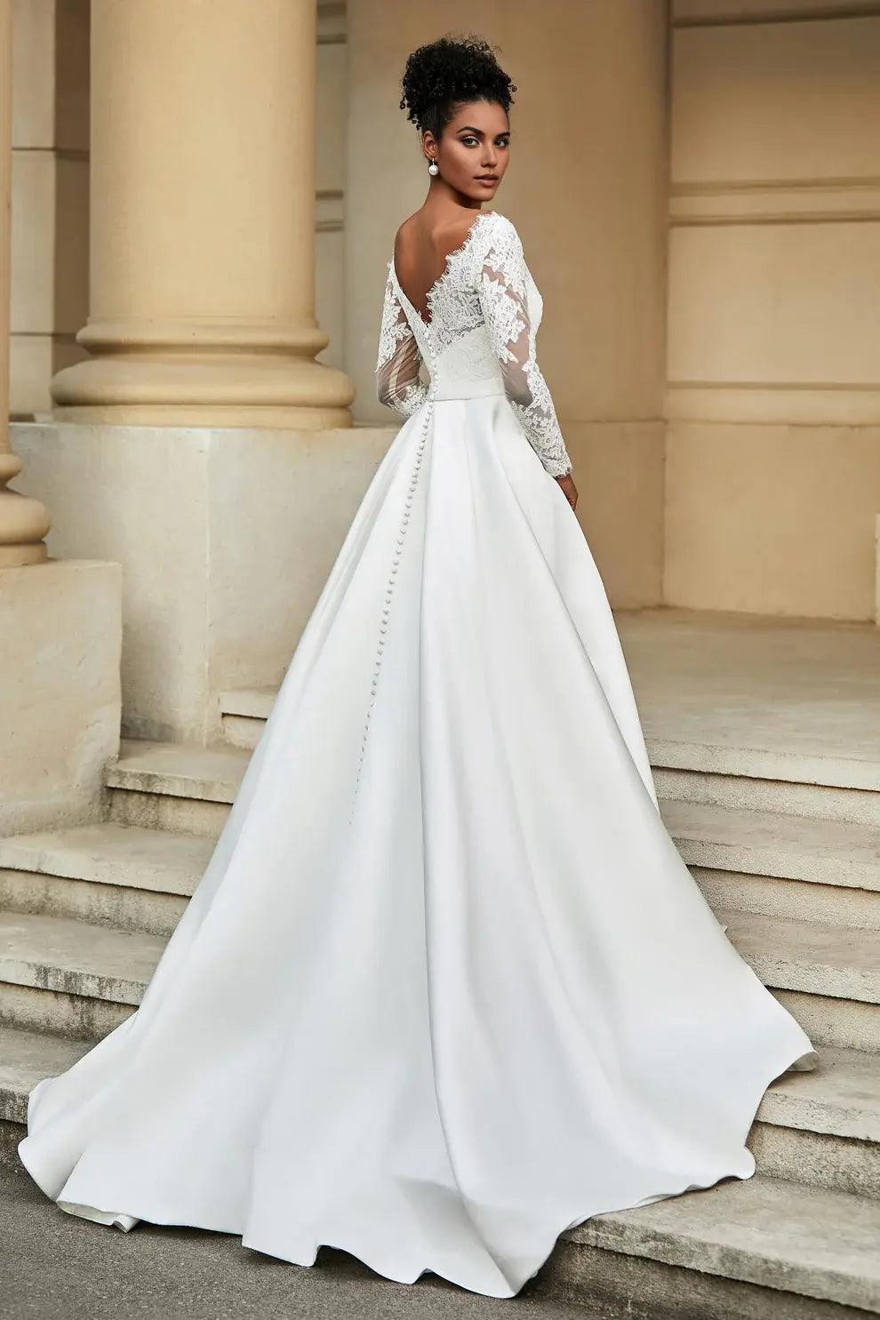 Satin Fashion A-Line Lace Plunging V-neck Long Sleeves V Back Ruched Hem Affordable Hot Sale Wedding Dress