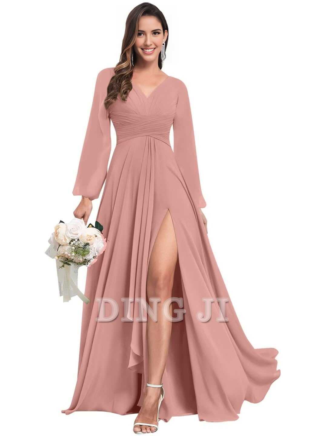 DingJiDress Bridesmaid Dresses Elegant Chiffon Long Sleeves V Neck Ruffle Side Fork Long Formal Wear Dresses