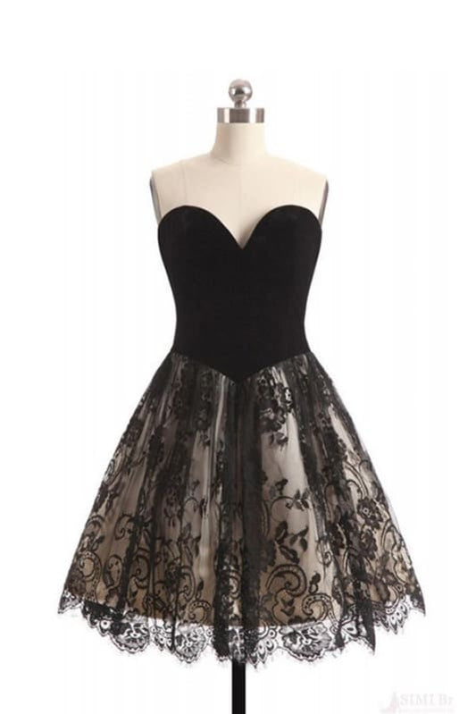 DingJiDress Short Prom Dress A Line Strapless Sweetheart Lace Short Retro Homecoming Dress