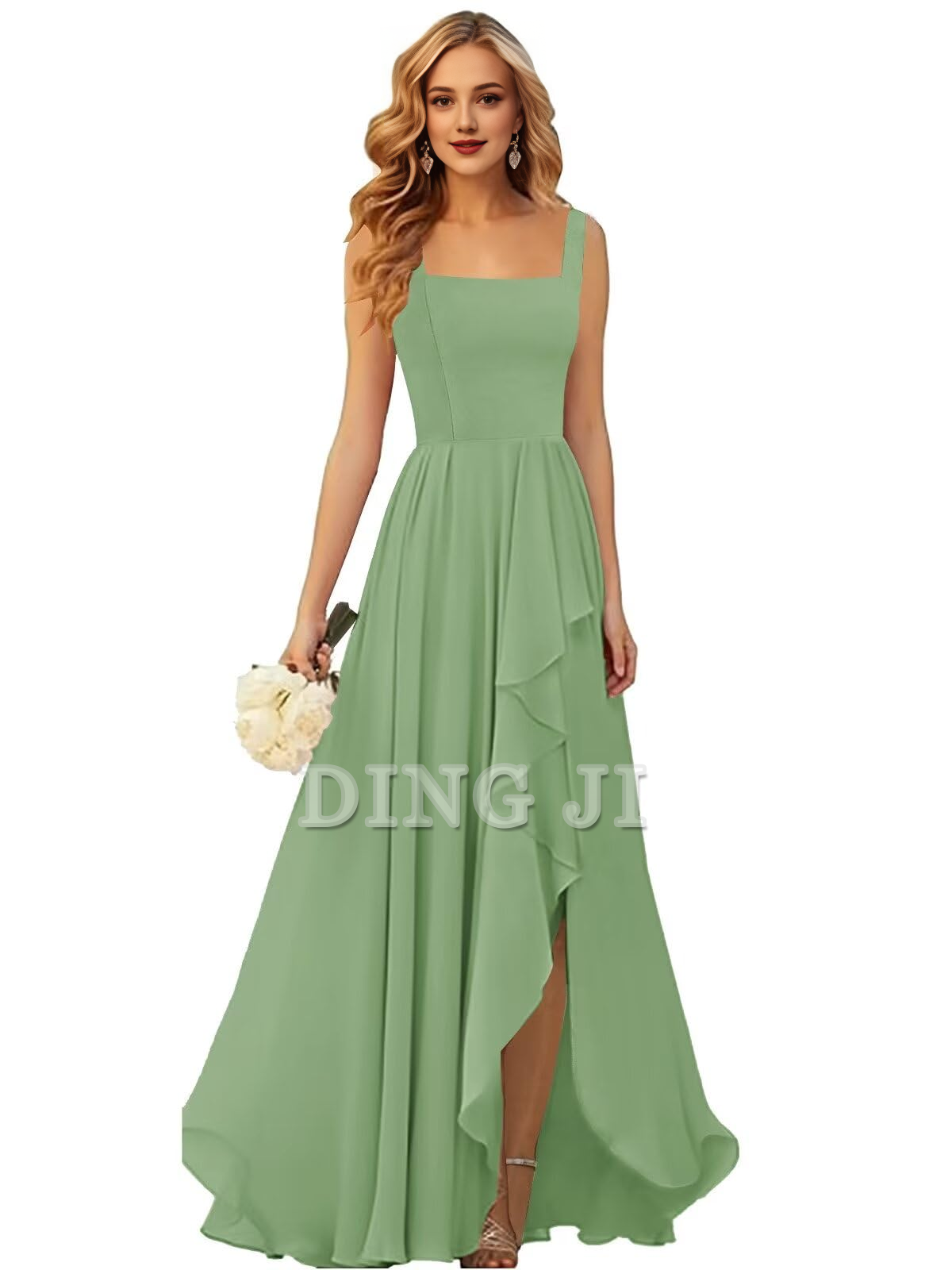 DingJiDress Bridesmaid Dresses Ruffle Square Neck Elegant Simple Side Fork Long Formal Wear Dresses