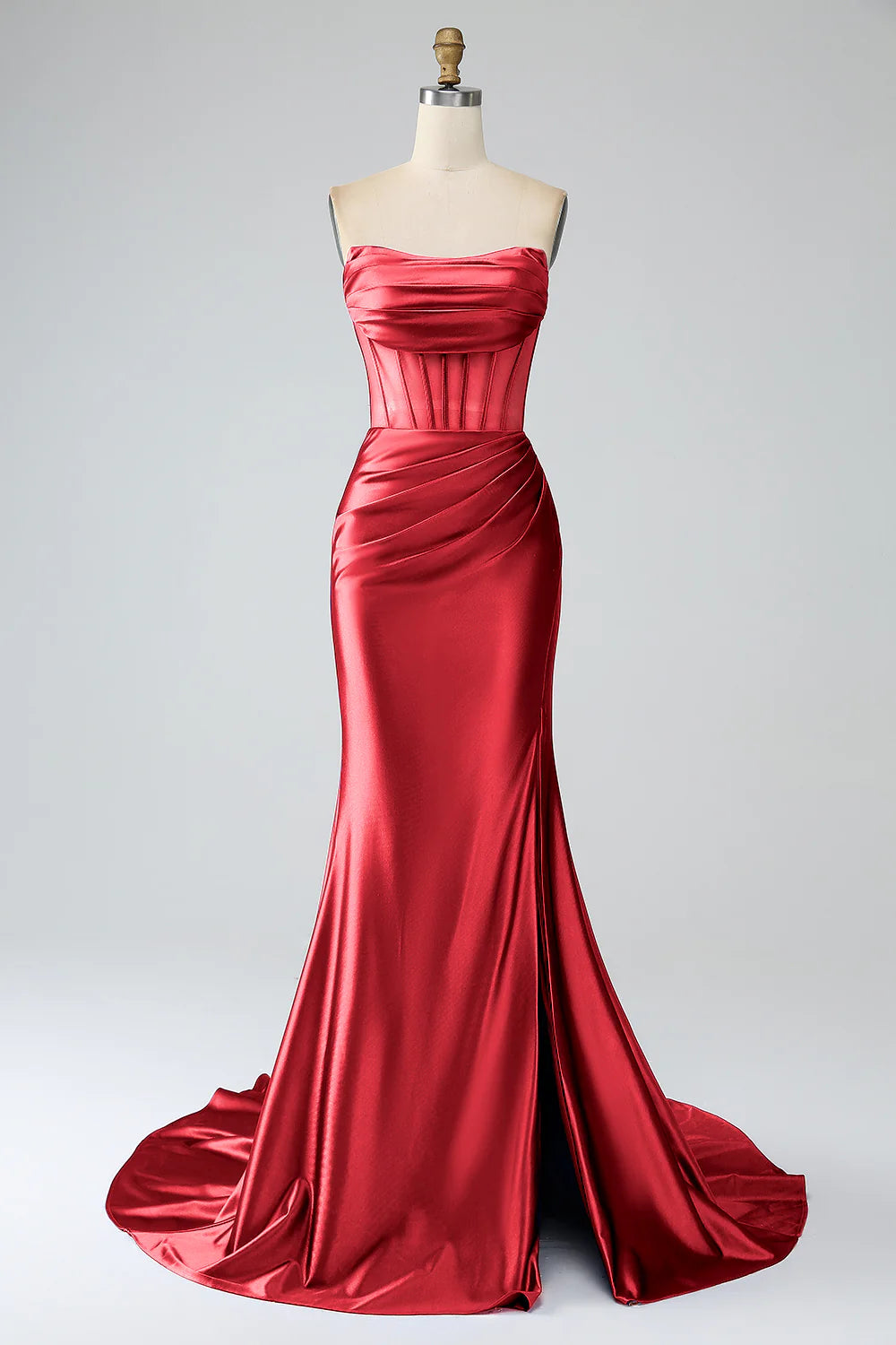 DingJiDress Red Mermaid Strapless Pleated Corset Long Prom Dress with Slit