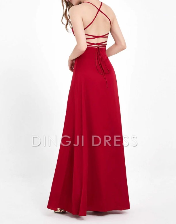 DingJiDress Evening Dress A-Line Cowl Neck Spaghetti Straps Lace up Back Satin Split fork Long Simple Dress Floor-Length Formal Dress