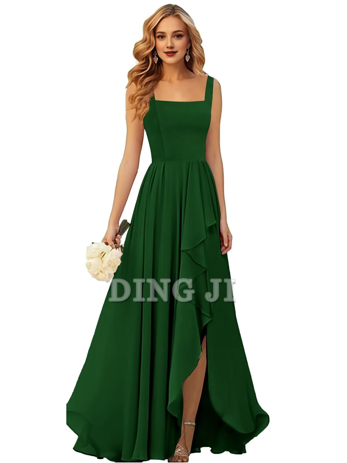 DingJiDress Bridesmaid Dresses Ruffle Square Neck Elegant Simple Side Fork Long Formal Wear Dresses