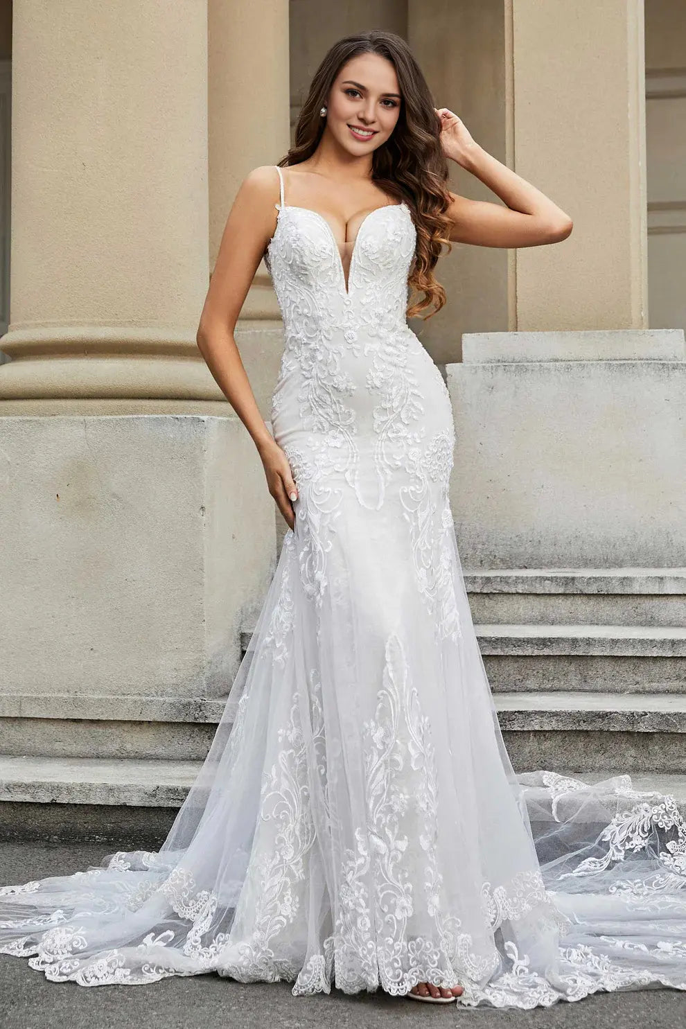 Exquisite Mermaid Spaghetti Straps Plunging V-Neck Backless Lace Applique Chapel Train Affordable Hot Sale Wedding Dress