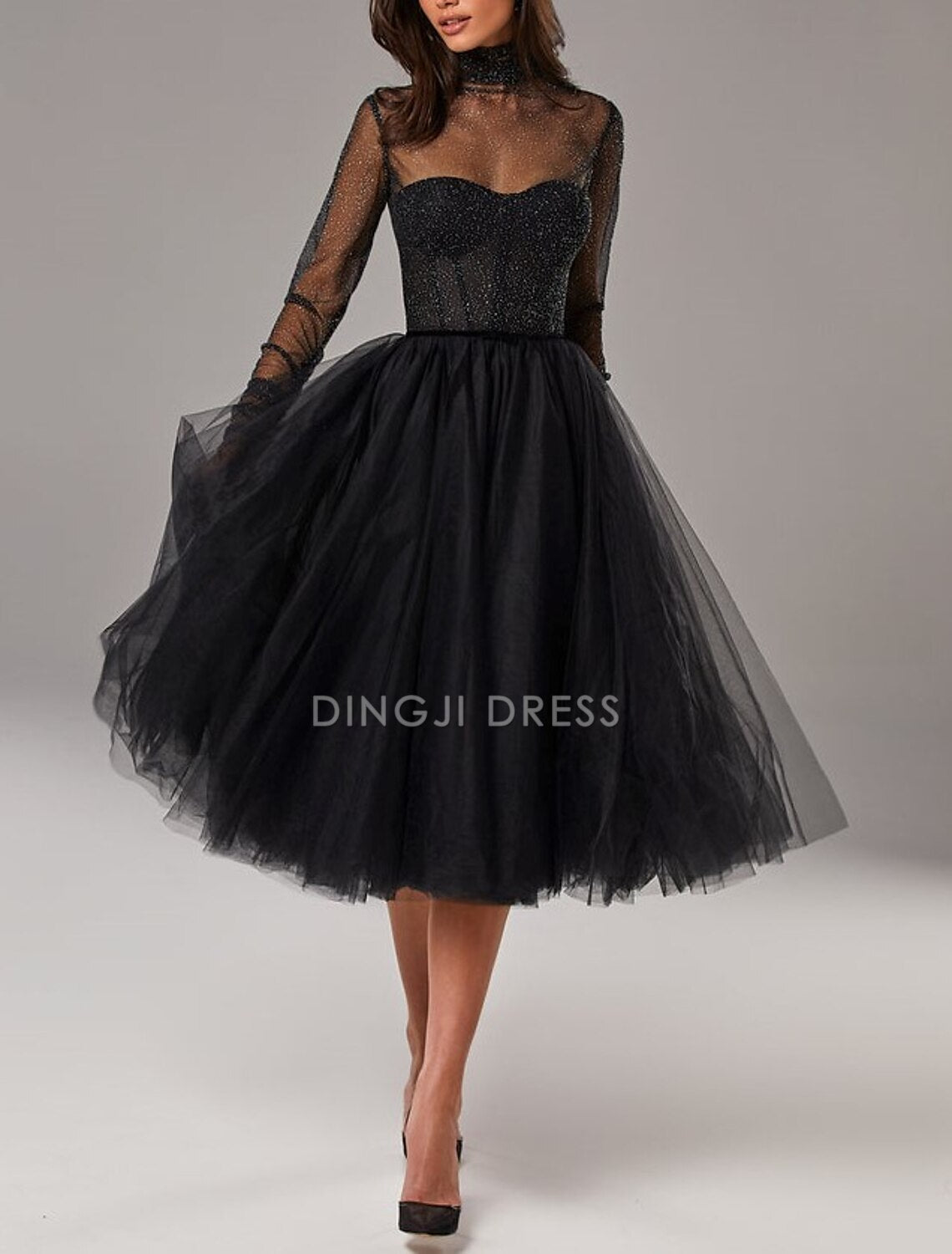 DingJiDress Hot Sale Short Prom Dress Elegant A-Line Cocktail Dresses Wedding Guest Knee Length Long Sleeve High Neck Tulle with Pleats Pure Color Charming New Homecoming Dress