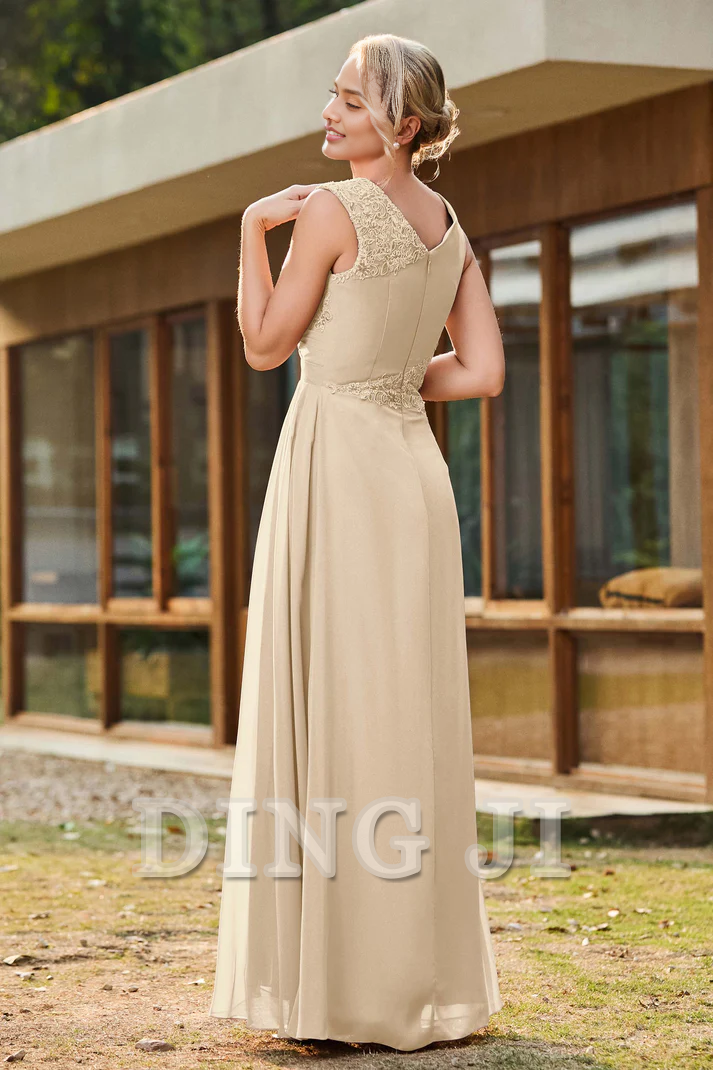 DingJiDress Mother of the Bride Dresses V-neck Pleated Lace Chiffon Long Dress Side Fork High Quality Elegant Dresses Wedding Guests Dresses