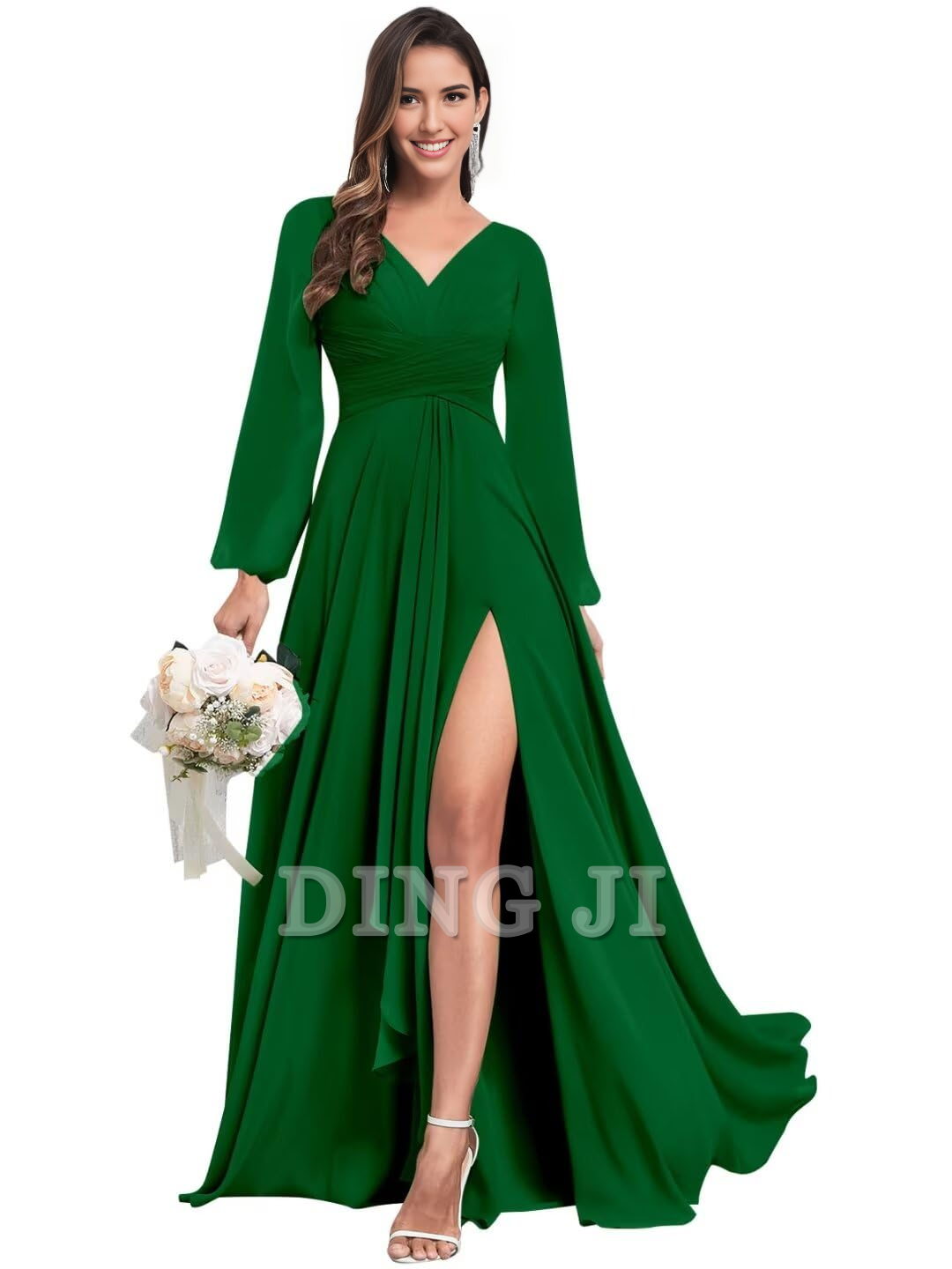 DingJiDress Bridesmaid Dresses Elegant Chiffon Long Sleeves V Neck Ruffle Side Fork Long Formal Wear Dresses