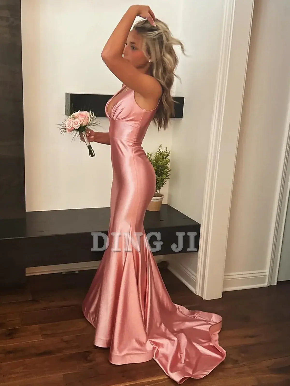 DingJiDress Evening Dress Deep V Neck Satin Mermaid Cultivate oneself Sleeveless Long Prom Dress Charming Formal Women's Dresses Wedding Guest Dresses