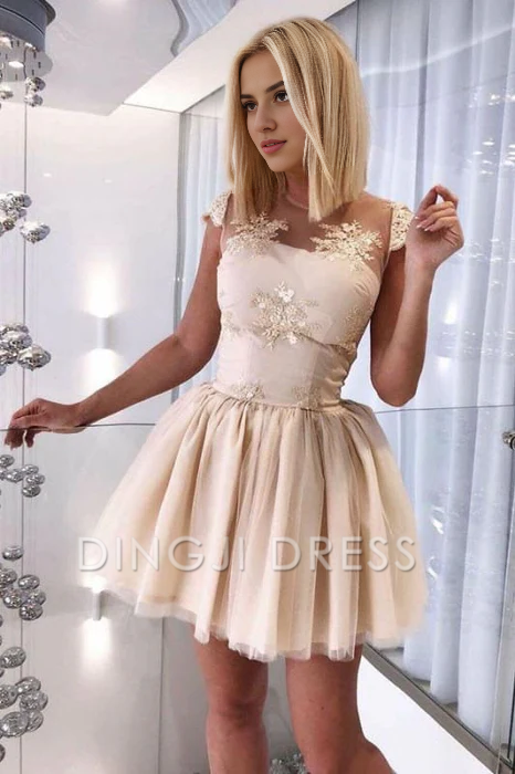 DingJiDress Short Prom Dress A-Line Sheer Neck Cap Sleeves Open Back With Appliques Cute Best Selling Homecoming Dress