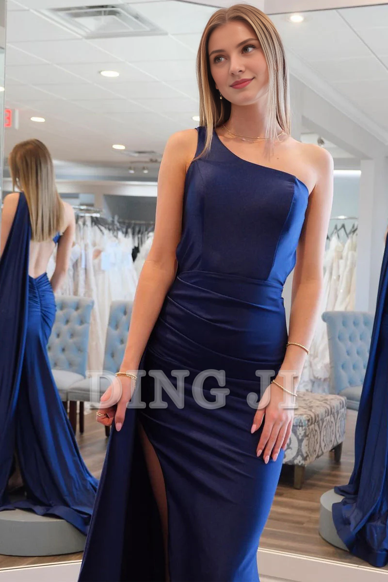 DingJiDress Elegant Evening Dress One Shoulder Mermaid Cultivate oneself Backless Sweep Train Prom Dresses Simple Formal Wear Dresses Wedding Guest Dresses