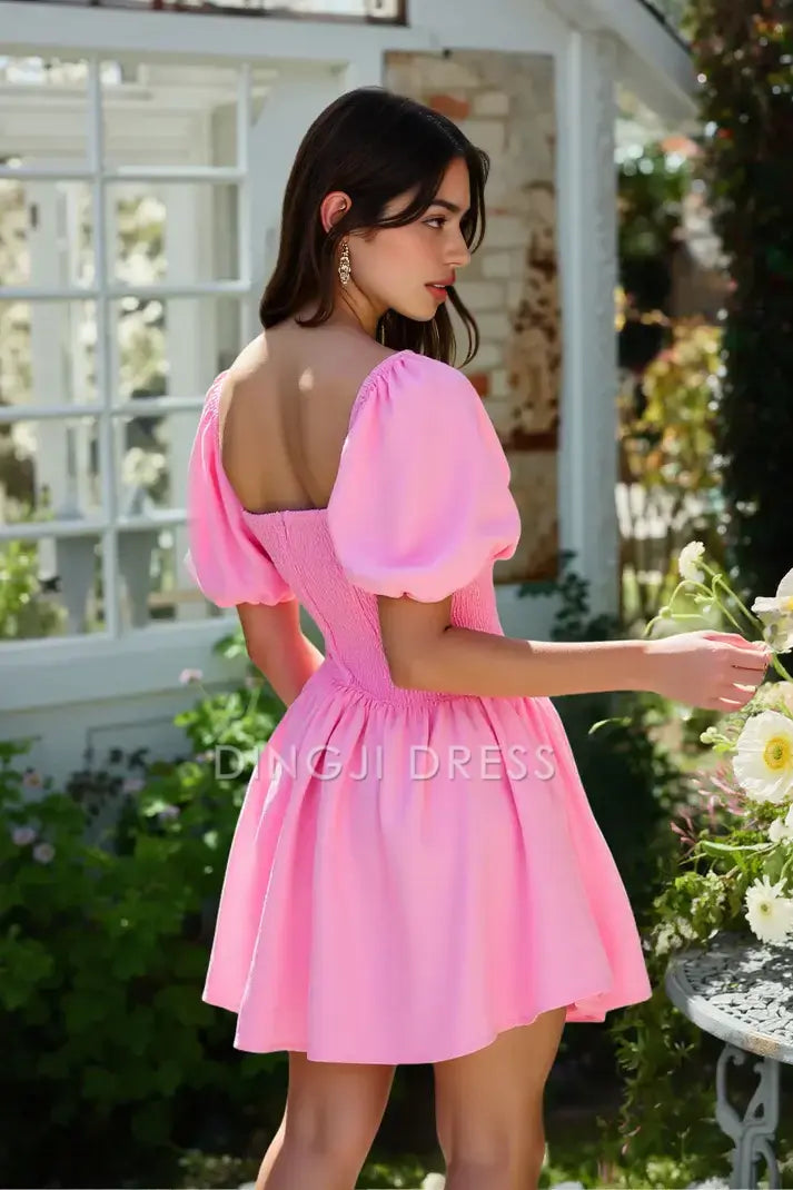 DingJiDress Mini Dress Elegant Trumpet Square Neck Puff Sleeves Pleated Simple Discount Hot Sale Homecoming Dress