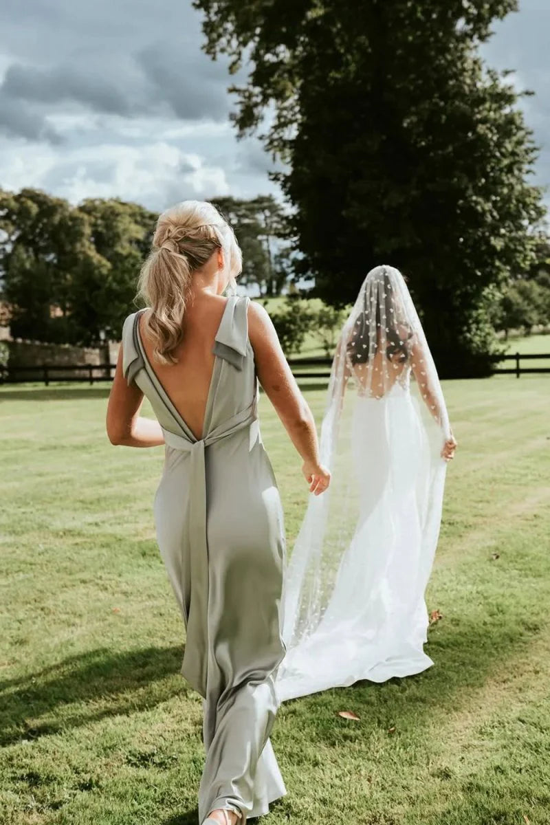 Minimalist Sage Green Sheath V Neck with Bow Sleeveless V Back Low Cost Floor Length Bridesmaid Dresses