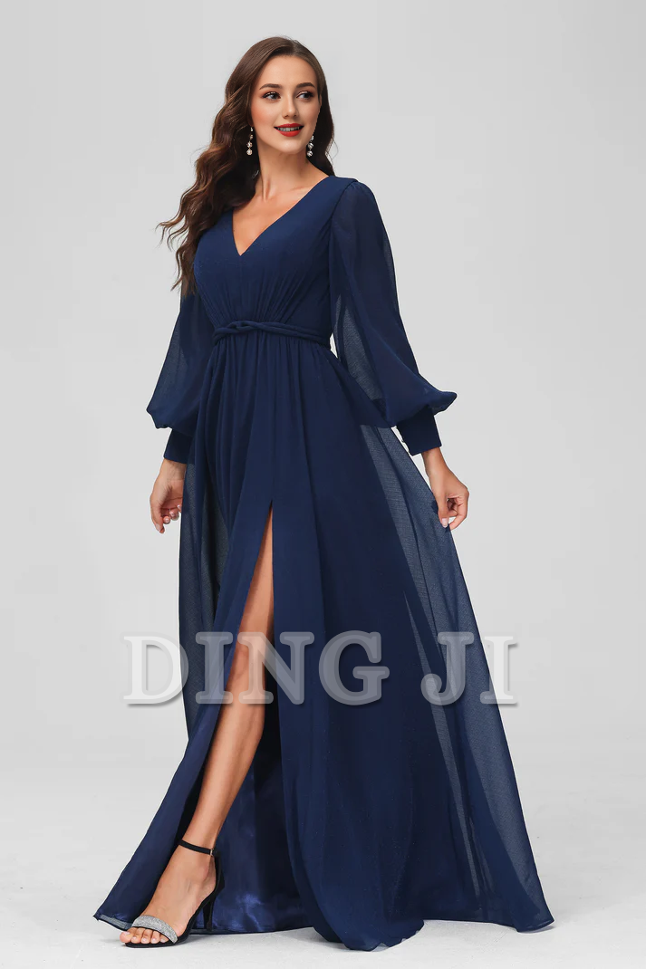 DingJiDress Evening Dress A-Line V-neck Long Sleeves V Neck Floor Length Dress Side Fork Elegant Exquisite Wedding Guest Dresses