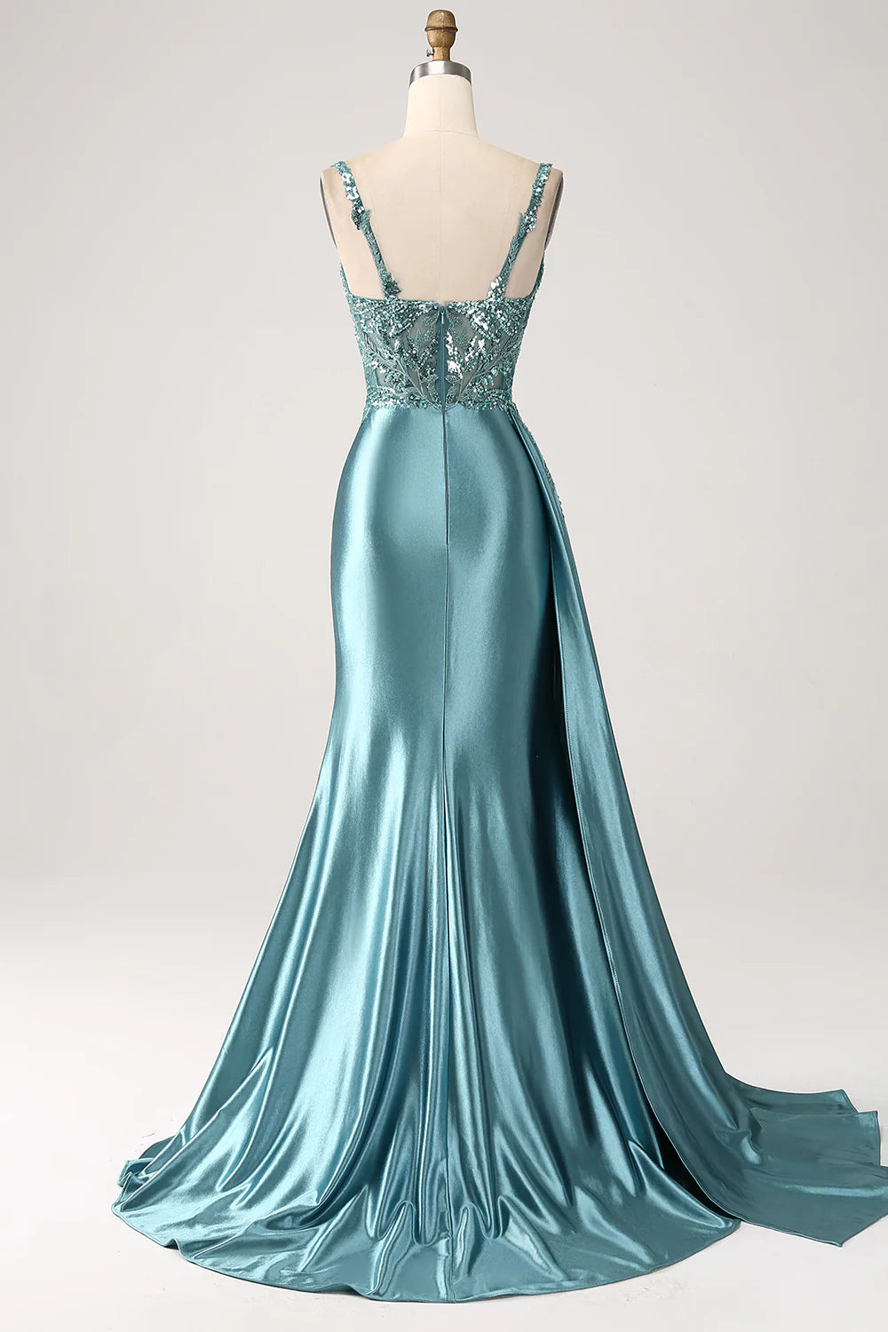 DingJiDress Blue Mermaid V-Neck Satin Long Appliques Sequin Prom Dress With Slit