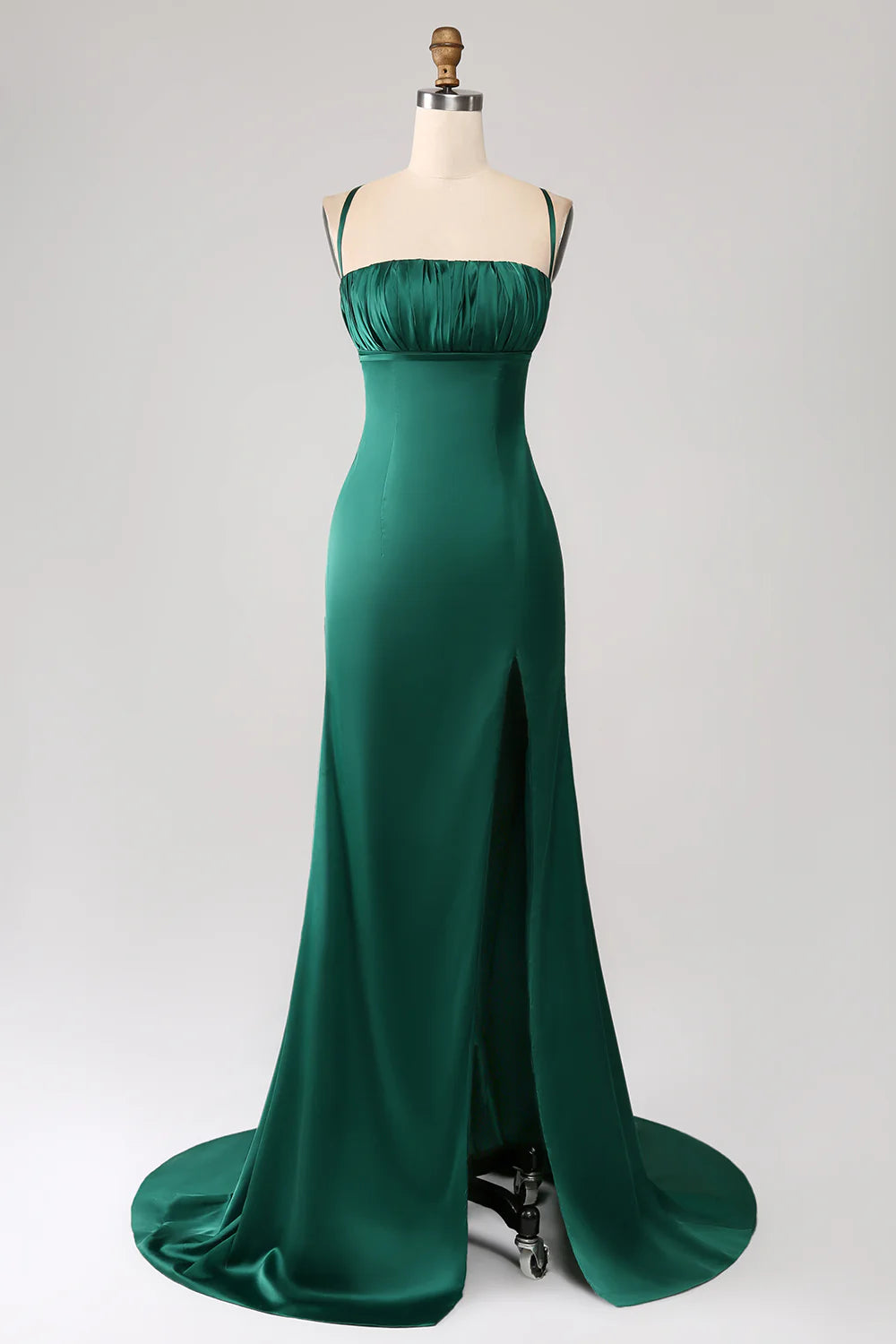 DingJiDress Dark Green Mermaid Spaghetti Straps Satin Prom Dress with Pleated