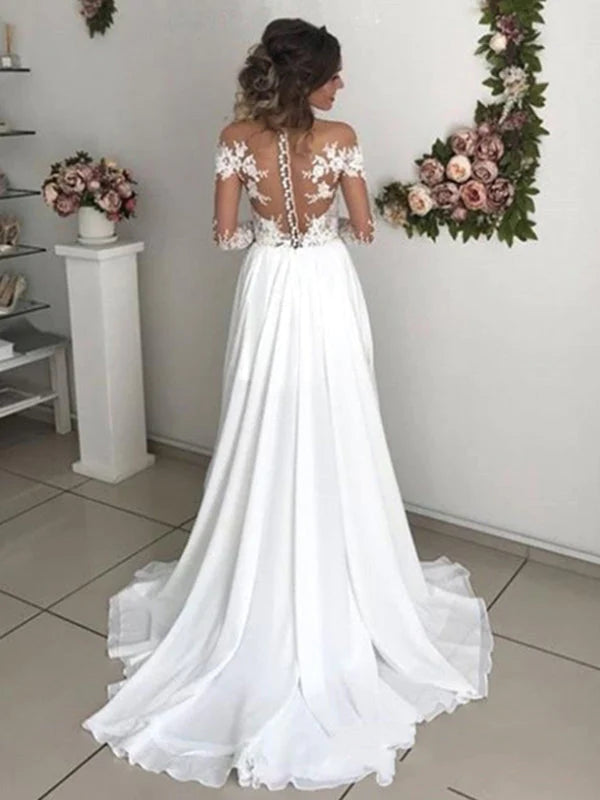 Boho Long Sleeve Slit Wedding Dresses With Lace Bodice