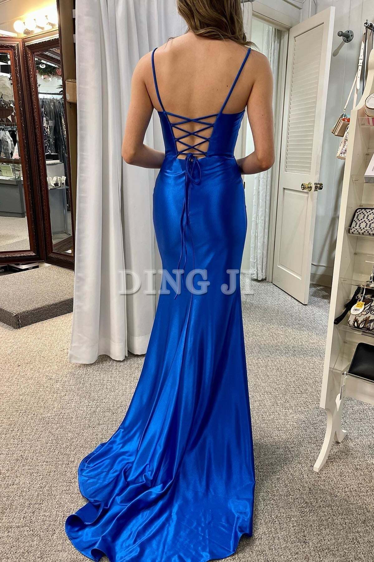 DingJiDress Elegant Evening Dress Royal Blue Spaghetti Strap Scoop Neck Lace-Up Backless Pleated Mermaid Gown Exquisite Formal Wear Dresses Wedding Guest Dresses