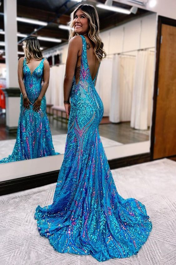 DingJiDress Charming Mermaid V Neck Backless Sequin Lace Long Sweep Train Prom Dress